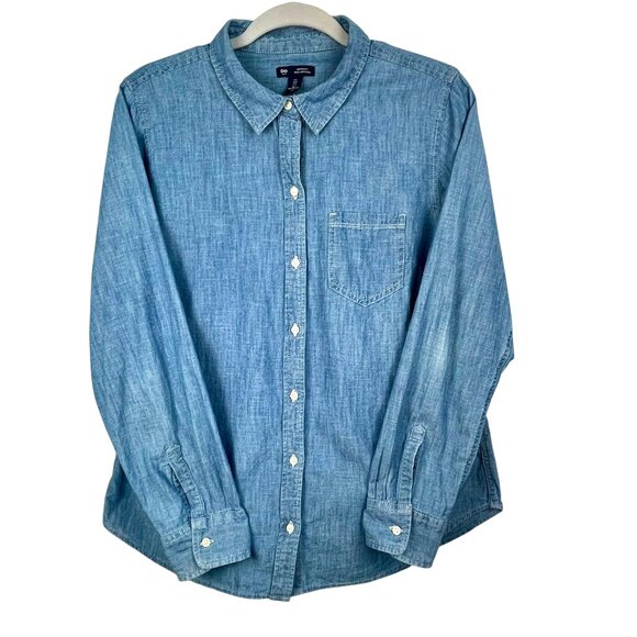 GAP Tops - GAP Fitted Boyfriend Shirt Indigo Cotton Denim Button Down Womens L Long Sleeve